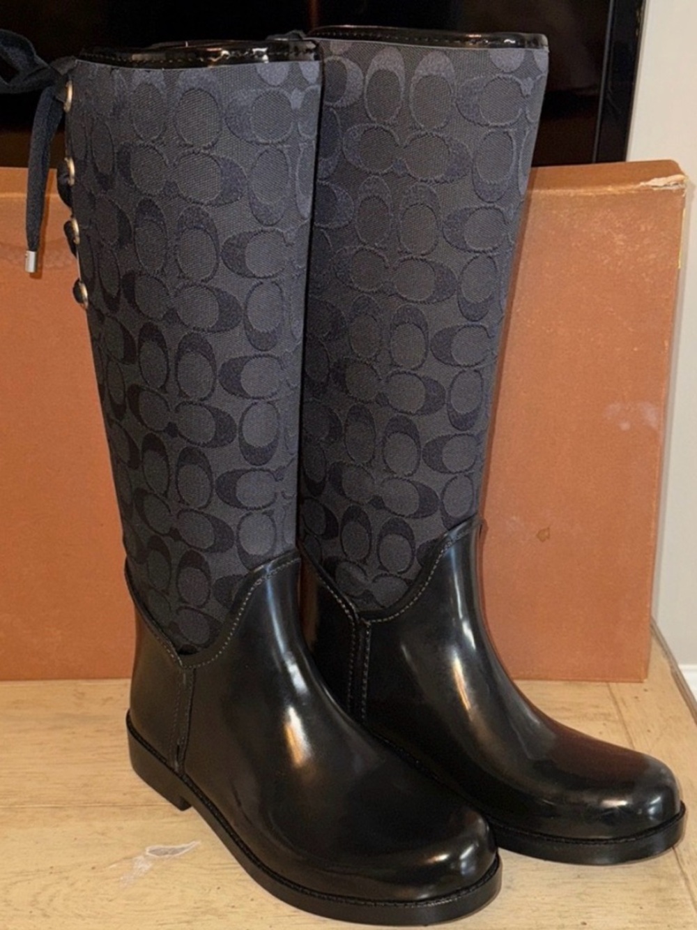 COACH Tristee Tall Knee High Rain Boots Black Logo Monogram Tie Back SZ 11 chic